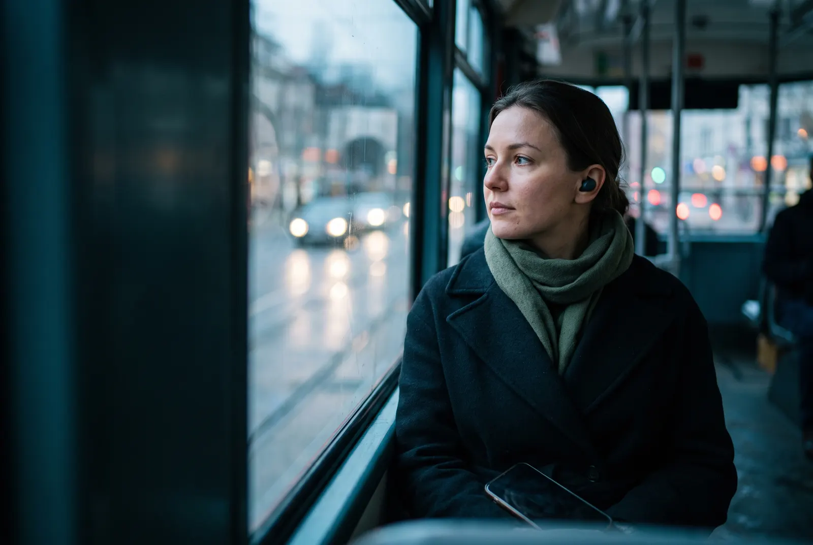 A woman with earbuds looks out of a tram window at dusk