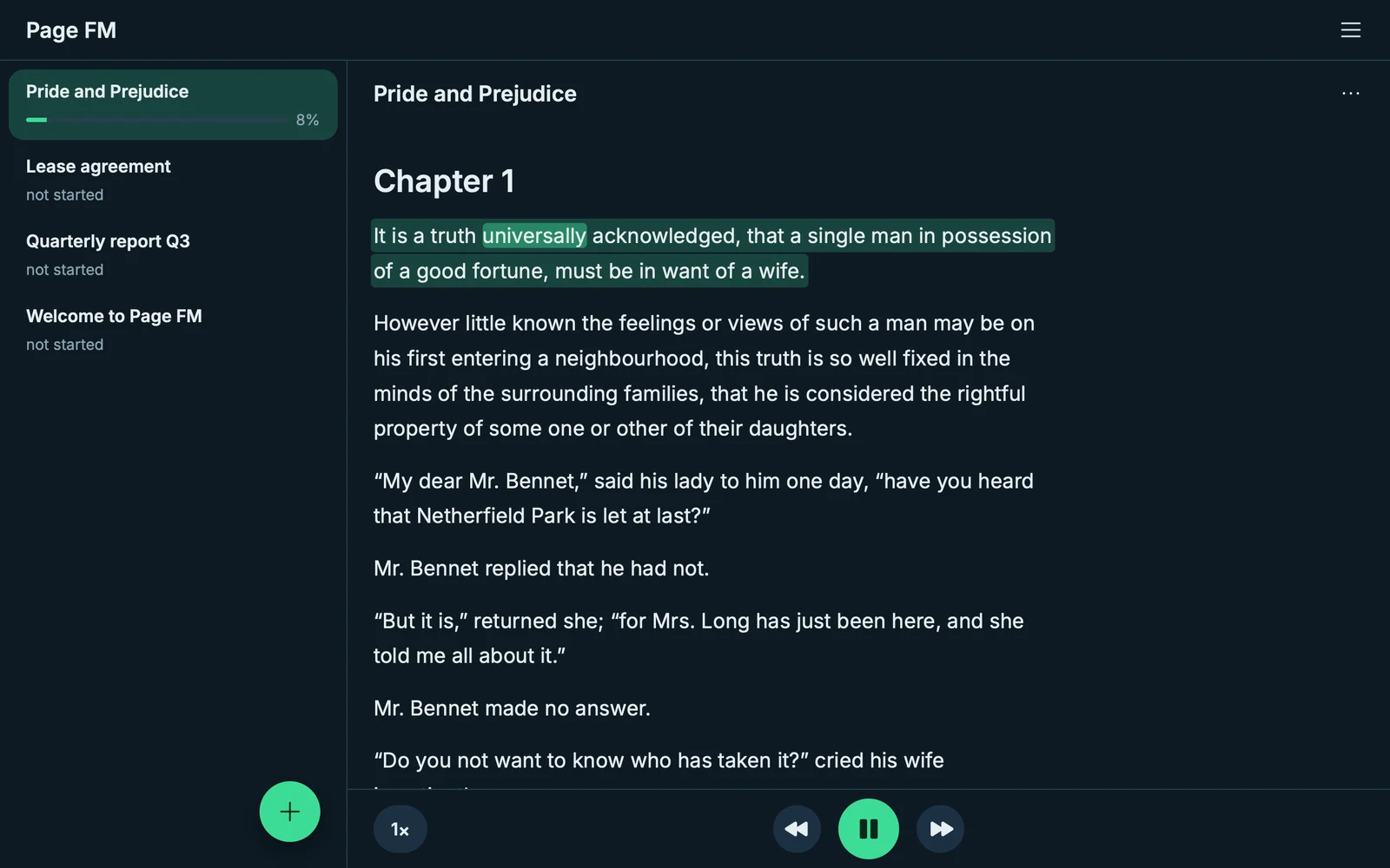 The SoundMyText reader on a laptop: a chapter of Pride and Prejudice with the sentence being read highlighted and the spoken word marked inside it