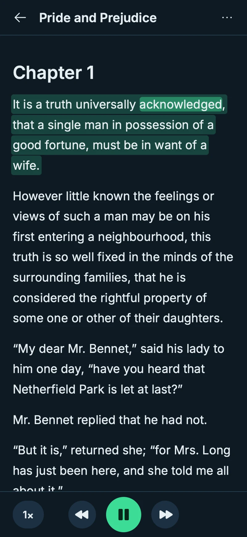 The same chapter on a phone, with the current sentence and word highlighted and the player at the bottom