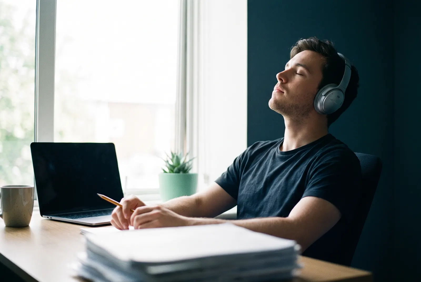 A student with headphones rests his eyes at a desk with a stack of papers