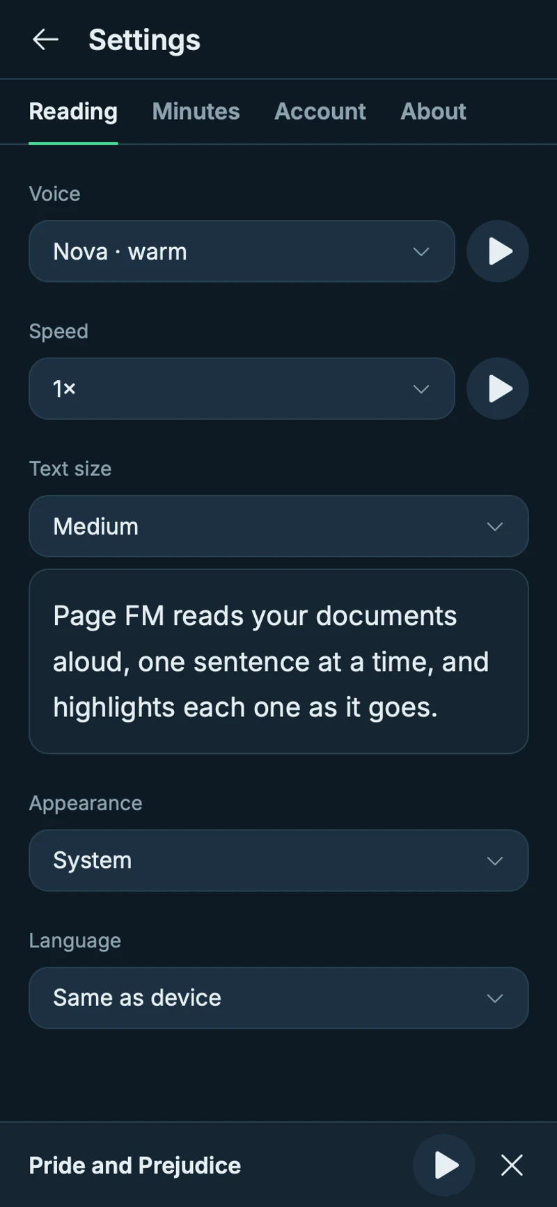 Reading settings on a phone: voice, speed and text size, each with a play button for a sample