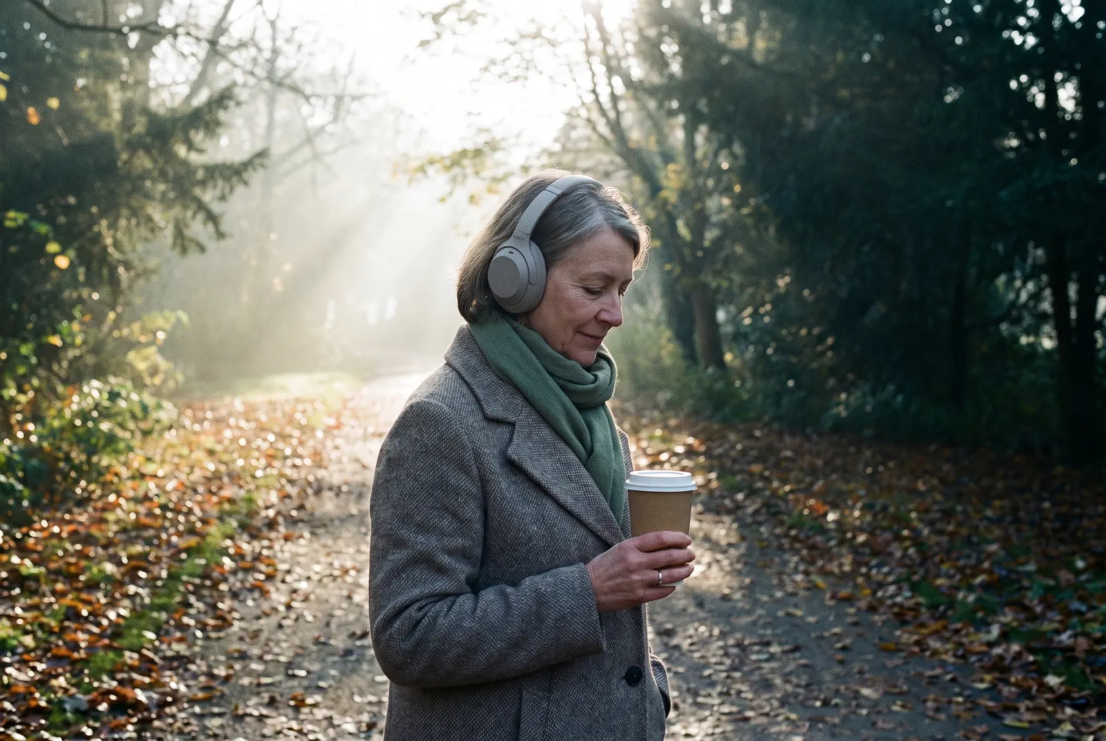 A woman with headphones and a coffee walks along an autumn path